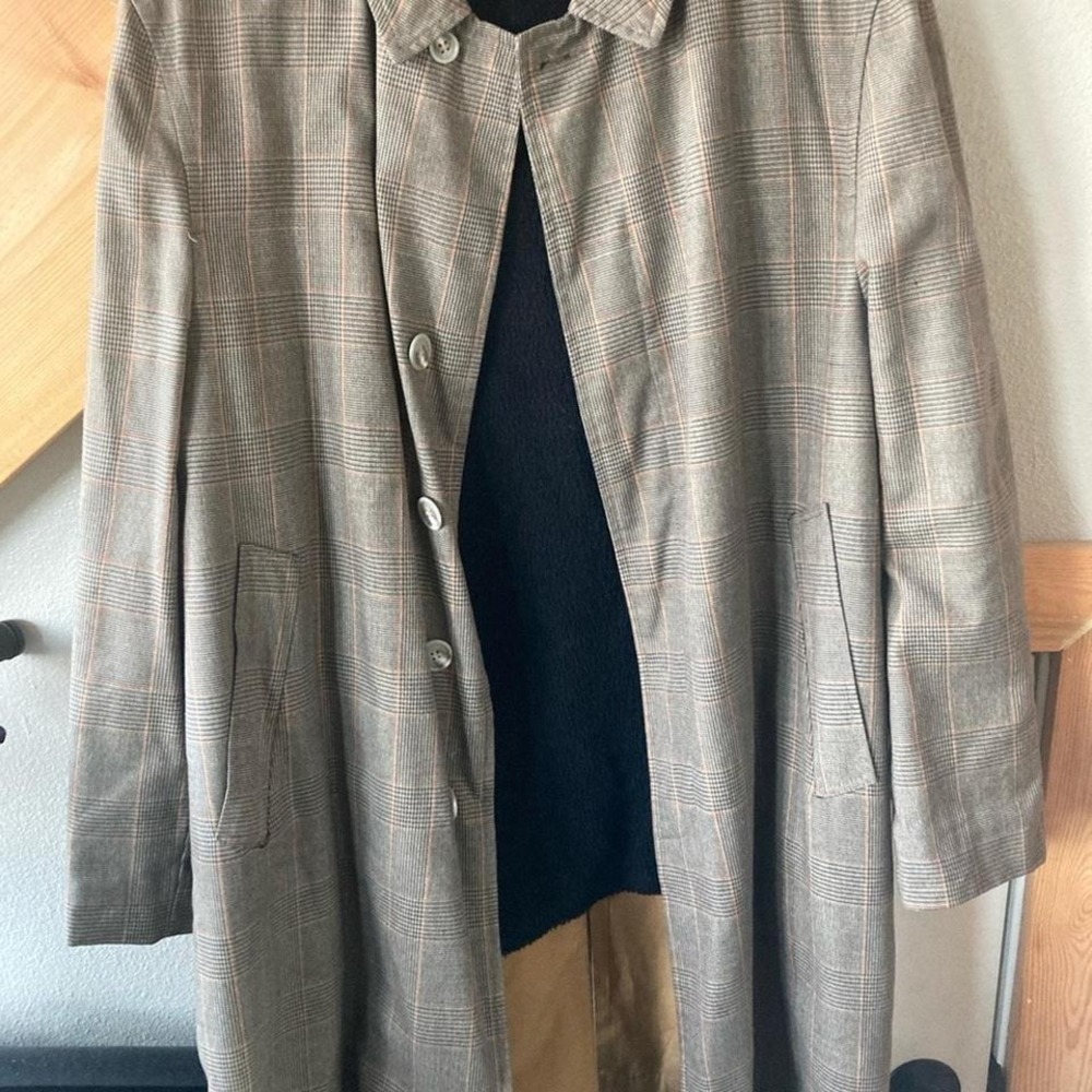 Vintage 80s Micro-plaid Tan Trench Coat Sz M-Lg removable fleece inner lining
